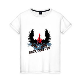 Женская футболка хлопок с принтом Rock forever (2) в Петрозаводске, 100% хлопок | прямой крой, круглый вырез горловины, длина до линии бедер, слегка спущенное плечо | крылья