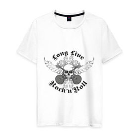 Мужская футболка хлопок с принтом Long Live Rock`n`Roll в Петрозаводске, 100% хлопок | прямой крой, круглый вырез горловины, длина до линии бедер, слегка спущенное плечо. | rock | rocknroll | гитары | рок | рок н ролл | череп | черепок | черепушка