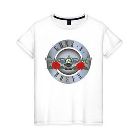 Женская футболка хлопок с принтом Guns`n`Roses в Петрозаводске, 100% хлопок | прямой крой, круглый вырез горловины, длина до линии бедер, слегка спущенное плечо | guns | gunsnroses | metall | rock | roses | метал | металл | рок