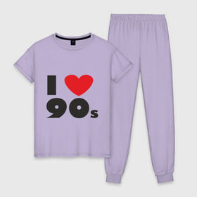 Женская пижама хлопок с принтом Люблю 90-ые в Петрозаводске, 100% хлопок | брюки и футболка прямого кроя, без карманов, на брюках мягкая резинка на поясе и по низу штанин | 90s | 90е | музыка | ретро | слушать | старые песни | стиль | я люблю