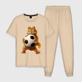 Мужская пижама хлопок с принтом Гарфилд (3) в Петрозаводске, 100% хлопок | брюки и футболка прямого кроя, без карманов, на брюках мягкая резинка на поясе и по низу штанин
 | garfield | гарфилд | кот | коты | кошки | мульт | мультик | мульфильм | мяч | футбольный мяч