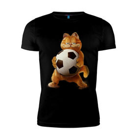 Мужская футболка премиум с принтом Гарфилд (3) в Петрозаводске, 92% хлопок, 8% лайкра | приталенный силуэт, круглый вырез ворота, длина до линии бедра, короткий рукав | garfield | гарфилд | кот | коты | кошки | мульт | мультик | мульфильм | мяч | футбольный мяч