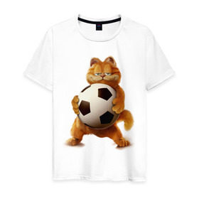 Мужская футболка хлопок с принтом Гарфилд (3) в Петрозаводске, 100% хлопок | прямой крой, круглый вырез горловины, длина до линии бедер, слегка спущенное плечо. | garfield | гарфилд | кот | коты | кошки | мульт | мультик | мульфильм | мяч | футбольный мяч