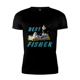 Мужская футболка премиум с принтом Best fisher в Петрозаводске, 92% хлопок, 8% лайкра | приталенный силуэт, круглый вырез ворота, длина до линии бедра, короткий рукав | клев | лодка | лучший рыбак | на рыбалке | ноживка | рыбак в лодке | рыбалка | удочка | улов