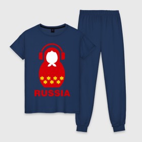 Женская пижама хлопок с принтом Russia dj в Петрозаводске, 100% хлопок | брюки и футболка прямого кроя, без карманов, на брюках мягкая резинка на поясе и по низу штанин | диджей | матрешка | наушники | россия