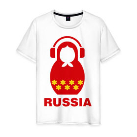 Мужская футболка хлопок с принтом Russia dj в Петрозаводске, 100% хлопок | прямой крой, круглый вырез горловины, длина до линии бедер, слегка спущенное плечо. | диджей | матрешка | наушники | россия
