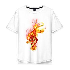 Мужская футболка хлопок Oversize с принтом Тигр в огне в Петрозаводске, 100% хлопок | свободный крой, круглый ворот, “спинка” длиннее передней части | Тематика изображения на принте: животные | огонь | пламя | тигр в огне | тирг | хищники