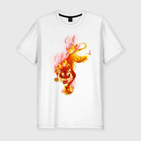 Мужская футболка премиум с принтом Тигр в огне в Петрозаводске, 92% хлопок, 8% лайкра | приталенный силуэт, круглый вырез ворота, длина до линии бедра, короткий рукав | Тематика изображения на принте: животные | огонь | пламя | тигр в огне | тирг | хищники
