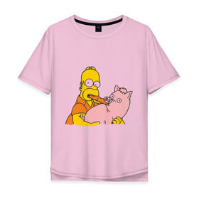 Мужская футболка хлопок Oversize с принтом Гомер и свинья в Петрозаводске, 100% хлопок | свободный крой, круглый ворот, “спинка” длиннее передней части | гомер