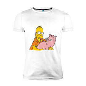 Мужская футболка премиум с принтом Гомер и свинья в Петрозаводске, 92% хлопок, 8% лайкра | приталенный силуэт, круглый вырез ворота, длина до линии бедра, короткий рукав | гомер