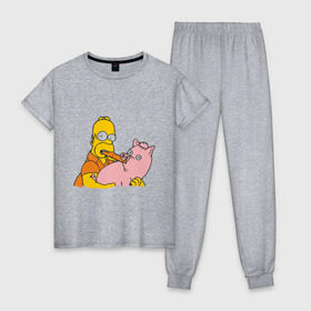 Женская пижама хлопок с принтом Гомер и свинья в Петрозаводске, 100% хлопок | брюки и футболка прямого кроя, без карманов, на брюках мягкая резинка на поясе и по низу штанин | гомер