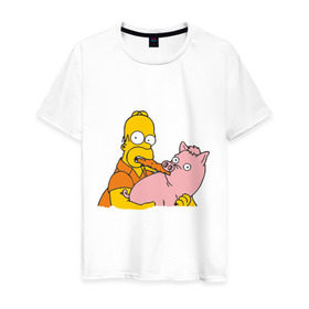 Мужская футболка хлопок с принтом Гомер и свинья в Петрозаводске, 100% хлопок | прямой крой, круглый вырез горловины, длина до линии бедер, слегка спущенное плечо. | Тематика изображения на принте: гомер