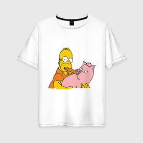 Женская футболка хлопок Oversize с принтом Гомер и свинья в Петрозаводске, 100% хлопок | свободный крой, круглый ворот, спущенный рукав, длина до линии бедер
 | гомер