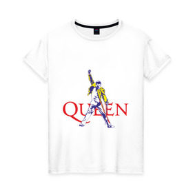 Женская футболка хлопок с принтом Queen(2) в Петрозаводске, 100% хлопок | прямой крой, круглый вырез горловины, длина до линии бедер, слегка спущенное плечо | rock | классический рок | куин | меркури | меркьюри | рок | фредди | фреди