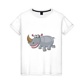 Женская футболка хлопок с принтом Носорог smile в Петрозаводске, 100% хлопок | прямой крой, круглый вырез горловины, длина до линии бедер, слегка спущенное плечо | веселый носорог | животные | носорог | улыбка
