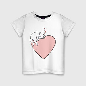 Детская футболка хлопок с принтом Кошка на сердце в Петрозаводске, 100% хлопок | круглый вырез горловины, полуприлегающий силуэт, длина до линии бедер | Тематика изображения на принте: животные | коты | кошка | кошки | сердечки | сердце