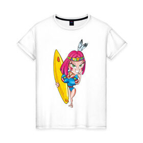 Женская футболка хлопок с принтом Surfer Girl в Петрозаводске, 100% хлопок | прямой крой, круглый вырез горловины, длина до линии бедер, слегка спущенное плечо | girl | surf | surfer | surfer girl | волна | девочка серфер | на гребне | серф | серфер | серфинг