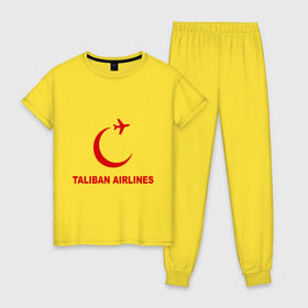Женская пижама хлопок с принтом Taliban airlines (2) в Петрозаводске, 100% хлопок | брюки и футболка прямого кроя, без карманов, на брюках мягкая резинка на поясе и по низу штанин | airlines | taliban | авиалинии | полет | рейс | самолет | талибы