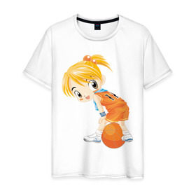 Мужская футболка хлопок с принтом Баскетболистка в Петрозаводске, 100% хлопок | прямой крой, круглый вырез горловины, длина до линии бедер, слегка спущенное плечо. | Тематика изображения на принте: баскетбольный мяч | девочка баскетболистка