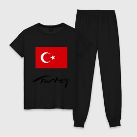 Женская пижама хлопок с принтом Turkey (2) в Петрозаводске, 100% хлопок | брюки и футболка прямого кроя, без карманов, на брюках мягкая резинка на поясе и по низу штанин | turkey | алания | анталья | белек | отдых в турции | отпуск в турции | турецкий флаг | турция | флаг турции