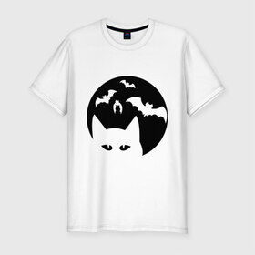 Мужская футболка премиум с принтом Луна с котами в Петрозаводске, 92% хлопок, 8% лайкра | приталенный силуэт, круглый вырез ворота, длина до линии бедра, короткий рукав | кот | кот на фоне луны | коты | летучие мыши | луна