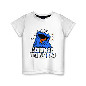 Детская футболка хлопок с принтом Cookie monster ест печеньку в Петрозаводске, 100% хлопок | круглый вырез горловины, полуприлегающий силуэт, длина до линии бедер | cookie monster | куки монстр | улица сезам