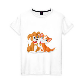 Женская футболка хлопок с принтом Щенок и котёнок в Петрозаводске, 100% хлопок | прямой крой, круглый вырез горловины, длина до линии бедер, слегка спущенное плечо | кот | котенок | котик | пес | щенок