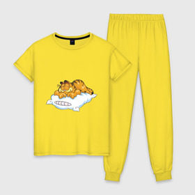 Женская пижама хлопок с принтом Гарфилд в Петрозаводске, 100% хлопок | брюки и футболка прямого кроя, без карманов, на брюках мягкая резинка на поясе и по низу штанин | garfield | гарфилд