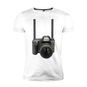Мужская футболка премиум с принтом Фотоаппарат на шее в Петрозаводске, 92% хлопок, 8% лайкра | приталенный силуэт, круглый вырез ворота, длина до линии бедра, короткий рукав | Тематика изображения на принте: прикольные | рисунок | турист | фотоаппарат
