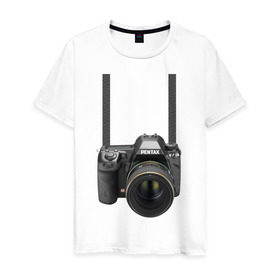 Мужская футболка хлопок с принтом Фотоаппарат на шее в Петрозаводске, 100% хлопок | прямой крой, круглый вырез горловины, длина до линии бедер, слегка спущенное плечо. | прикольные | рисунок | турист | фотоаппарат