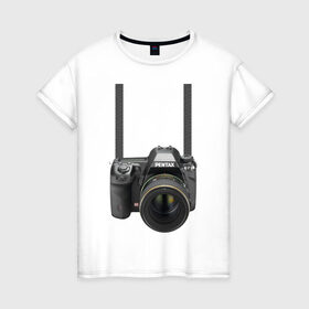 Женская футболка хлопок с принтом Фотоаппарат на шее в Петрозаводске, 100% хлопок | прямой крой, круглый вырез горловины, длина до линии бедер, слегка спущенное плечо | Тематика изображения на принте: прикольные | рисунок | турист | фотоаппарат