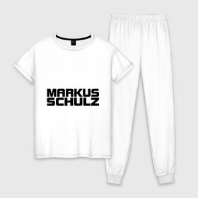 Женская пижама хлопок с принтом Markus Schulz в Петрозаводске, 100% хлопок | брюки и футболка прямого кроя, без карманов, на брюках мягкая резинка на поясе и по низу штанин | deejay | dj | markus schulz | trance | диджей | маркус шульц | транс