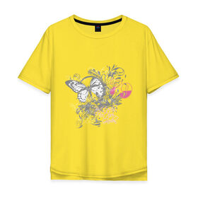 Мужская футболка хлопок Oversize с принтом Бабочка и цветы в Петрозаводске, 100% хлопок | свободный крой, круглый ворот, “спинка” длиннее передней части | бабочка
