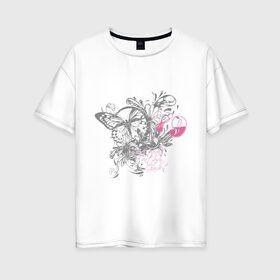 Женская футболка хлопок Oversize с принтом Бабочка и цветы в Петрозаводске, 100% хлопок | свободный крой, круглый ворот, спущенный рукав, длина до линии бедер
 | бабочка