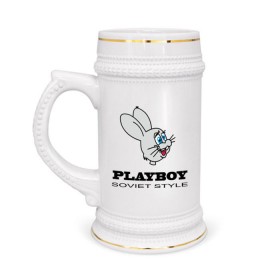 Кружка пивная с принтом Playboy soviet style в Петрозаводске,  керамика (Материал выдерживает высокую температуру, стоит избегать резкого перепада температур) |  объем 630 мл | Тематика изображения на принте: playboy | зайчик | зайчонок | заяц | плейбой | плэйбой