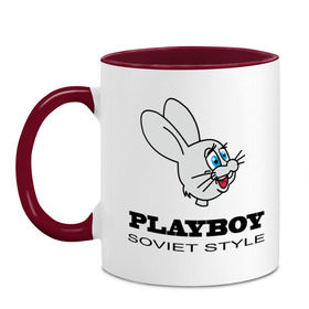 Кружка двухцветная с принтом Playboy soviet style в Петрозаводске, керамика | объем — 330 мл, диаметр — 80 мм. Цветная ручка и кайма сверху, в некоторых цветах — вся внутренняя часть | playboy | зайчик | зайчонок | заяц | плейбой | плэйбой