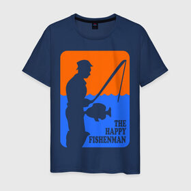 Мужская футболка хлопок с принтом Счастливый рыбак в Петрозаводске, 100% хлопок | прямой крой, круглый вырез горловины, длина до линии бедер, слегка спущенное плечо. | Тематика изображения на принте: fishenman | happy | рыба | рыбалка | счастье
