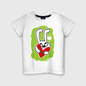 Детская футболка хлопок с принтом Влюбленный заяц с сердцем в Петрозаводске, 100% хлопок | круглый вырез горловины, полуприлегающий силуэт, длина до линии бедер | влюбленный заяц с сердцем | зайка | зайчик | заяц | сердечко | сердце