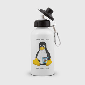 Бутылка спортивная с принтом Drink your OS And smell Linux в Петрозаводске, металл | емкость — 500 мл, в комплекте две пластиковые крышки и карабин для крепления | пингвин