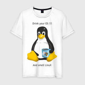 Мужская футболка хлопок с принтом Drink your OS And smell Linux в Петрозаводске, 100% хлопок | прямой крой, круглый вырез горловины, длина до линии бедер, слегка спущенное плечо. | пингвин
