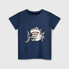 Детская футболка хлопок с принтом Акула решила пообедать в Петрозаводске, 100% хлопок | круглый вырез горловины, полуприлегающий силуэт, длина до линии бедер | Тематика изображения на принте: акула | животные | обед | хищник