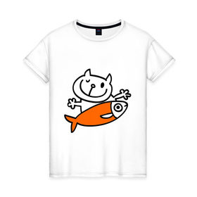 Женская футболка хлопок с принтом Кот и большая рыба в Петрозаводске, 100% хлопок | прямой крой, круглый вырез горловины, длина до линии бедер, слегка спущенное плечо | довольный кот | кот | коты | котя | рыба | сытый кот