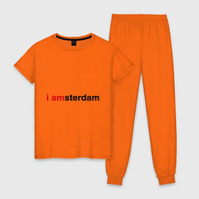 Женская пижама хлопок с принтом I amsterdam в Петрозаводске, 100% хлопок | брюки и футболка прямого кроя, без карманов, на брюках мягкая резинка на поясе и по низу штанин | amsterdam | амстердам | я амстердам