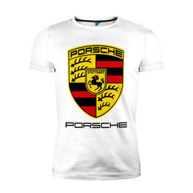 Мужская футболка премиум с принтом Porsche (2) в Петрозаводске, 92% хлопок, 8% лайкра | приталенный силуэт, круглый вырез ворота, длина до линии бедра, короткий рукав | porsche | авто2012 | логотип порше | порш | порше | поршель | символ порше