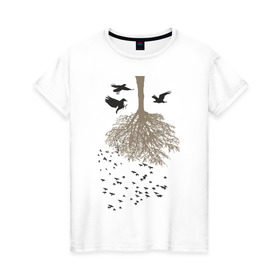 Женская футболка хлопок с принтом Дерево судьбы в Петрозаводске, 100% хлопок | прямой крой, круглый вырез горловины, длина до линии бедер, слегка спущенное плечо | вороны | дерево | дерево судьбы | животные | птицы