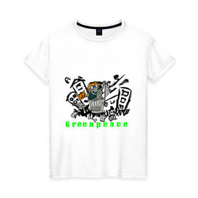 Женская футболка хлопок с принтом Greenpeace (2) в Петрозаводске, 100% хлопок | прямой крой, круглый вырез горловины, длина до линии бедер, слегка спущенное плечо | greenpeace | город | гринпис | загрязнение планеты | зеленый мир | мусор | планета замля