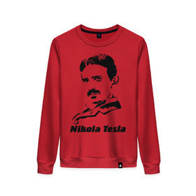 Женский свитшот хлопок с принтом Nikola Tesla в Петрозаводске, 100% хлопок | прямой крой, круглый вырез, на манжетах и по низу широкая трикотажная резинка  | nikola tesla | знаменитая личность | знаменитость | никола тесла | портрет | тесла | ученый | физик