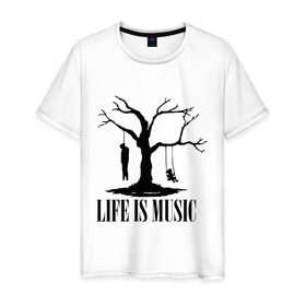 Мужская футболка хлопок с принтом Life is music (dead) в Петрозаводске, 100% хлопок | прямой крой, круглый вырез горловины, длина до линии бедер, слегка спущенное плечо. | 