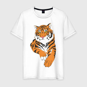 Мужская футболка хлопок с принтом Тигр (7) в Петрозаводске, 100% хлопок | прямой крой, круглый вырез горловины, длина до линии бедер, слегка спущенное плечо. | животные | кошачьи | тигр | хищник