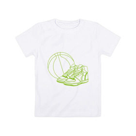 Детская футболка хлопок с принтом Баскетбол (мяч и кеды) в Петрозаводске, 100% хлопок | круглый вырез горловины, полуприлегающий силуэт, длина до линии бедер | баскетбольный мяч | кеды